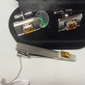 Elegant Silver Cufflinks and Tie Clip Set with Gold Accents